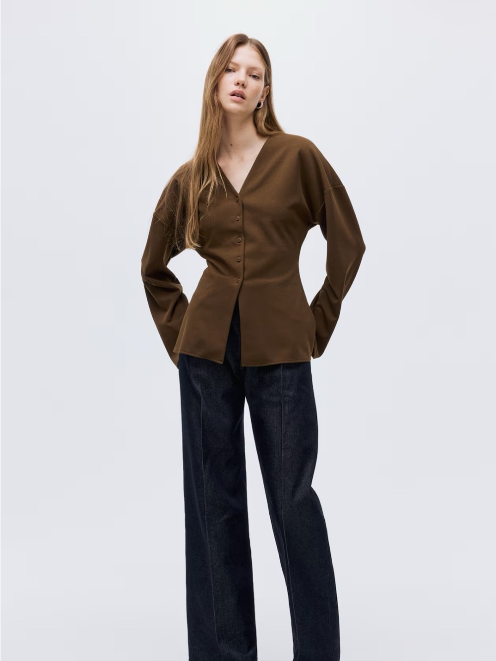 H&M Brown Button-Front V-Neck Blouse